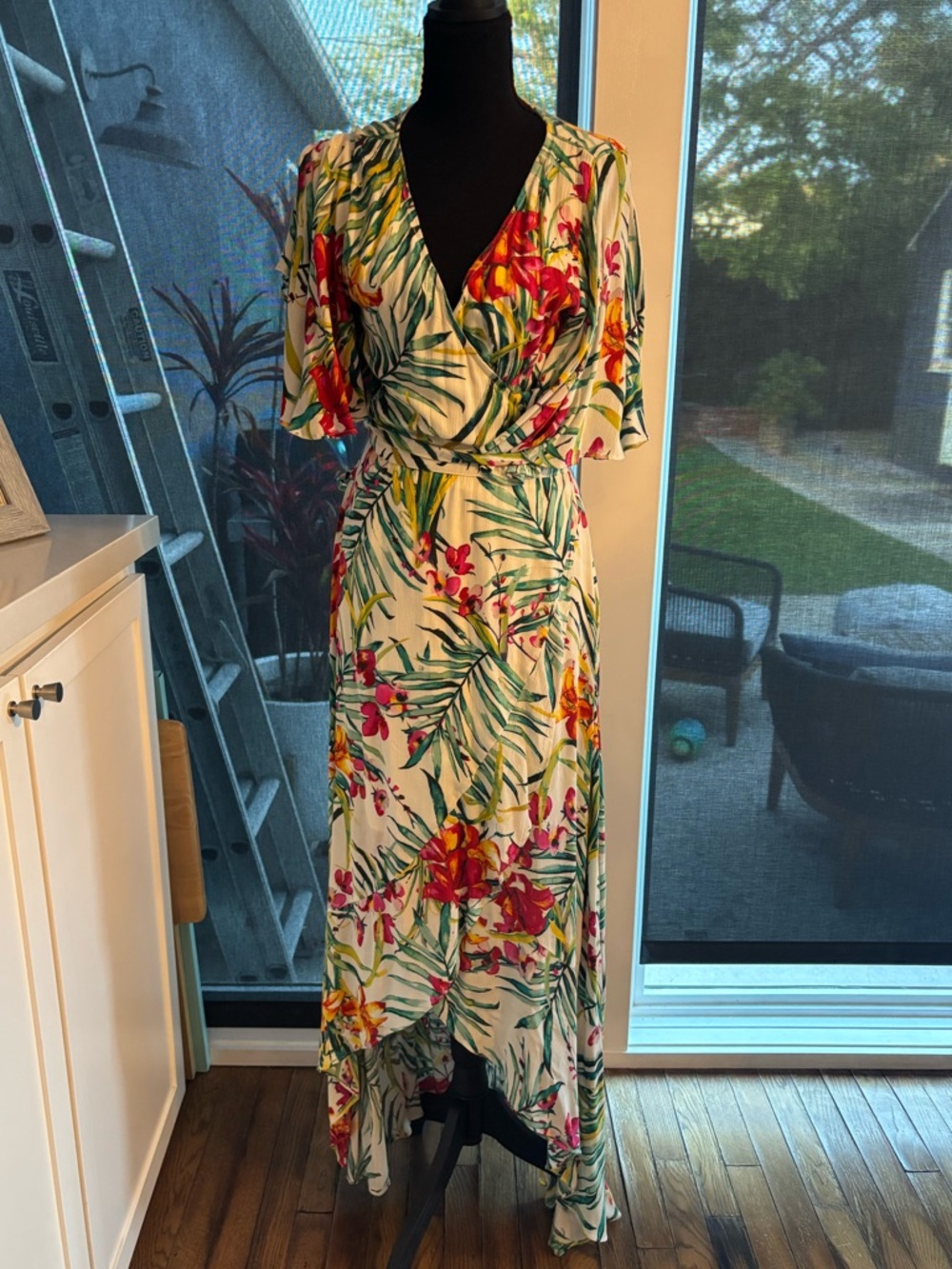 Floral Wrap Maxi Dress in Cream with Tropical Print